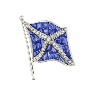 Lot 361 - Platinum, Sapphire and Diamond Flag Clip-Brooch