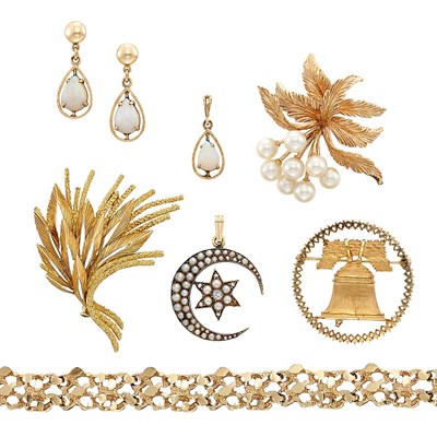 Lot 1393 - Group of Gold, Cultured Pearl and Opal Jewelry