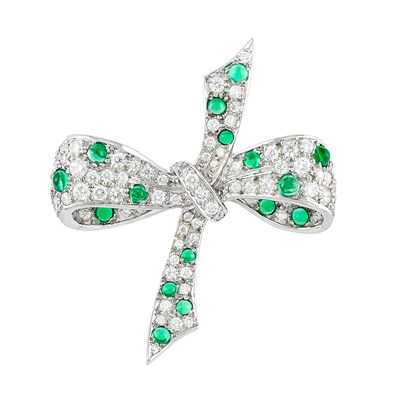 Lot 109 - Platinum, Diamond and Cabochon Emerald Bow Pin, Tiffany & Co.