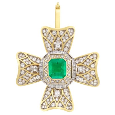 Lot 3320 - Gold, Emerald and Diamond Maltese Cross Pendant-Brooch