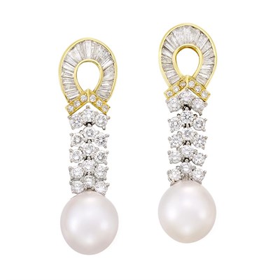 Lot 3148 - Pair of Two-Color Gold, Diamond and Cultured Pearl Pendant-Earrings
