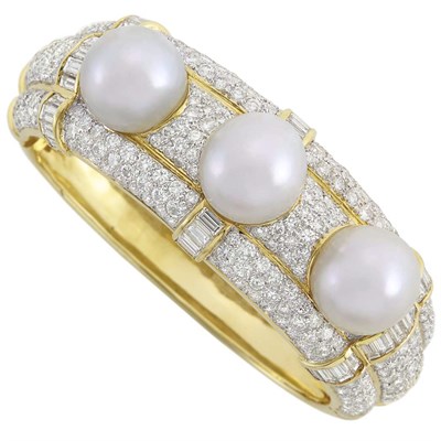 Lot 27 - Two-Color Gold, South Sea Cultured Pearl and Diamond Bangle Bracelet