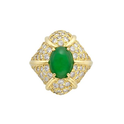 Lot 259 - Gold, Cabochon Jade and Diamond Ring
