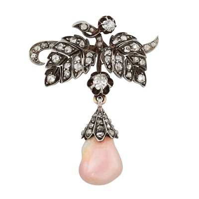 Lot 224 - Antique Silver, Gold, Diamond and Conch Pearl Brooch