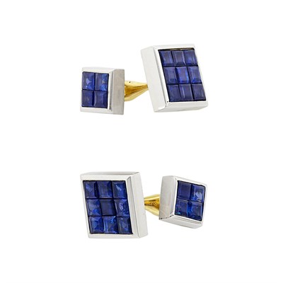 Lot 82 - Pair of Platinum, Gold and Invisibly-Set Sapphire Cufflinks, Aletto Brothers