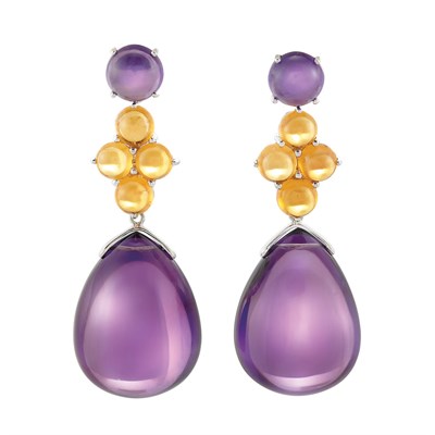 Lot 87 - Pair of White Gold, Amethyst and Cabochon Amethyst and Citrine Pendant-Earrings