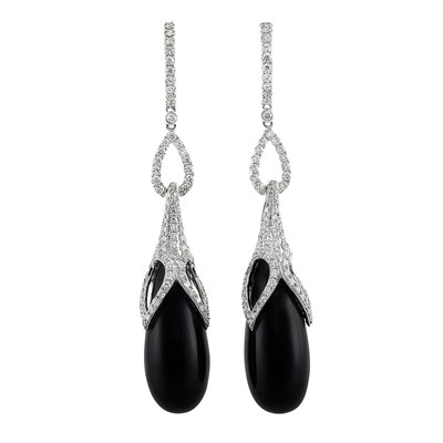 Lot 308 - Pair of White Gold, Black Onyx and Diamond Pendant-Earrings