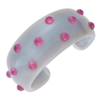 Lot 18 - Pair of Gray Agate and Cabochon Pink Tourmaline and Turquoise Cuff Bangle Bracelets