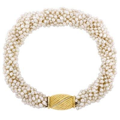 Lot 3337 - Freshwater Biwa Pearl Torsade Necklace with Gold and Diamond Clasp, Gump's