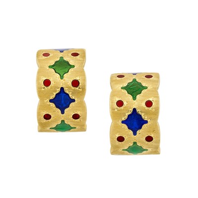 Lot 181 - Pair of Gold and Plique-a-Jour Enamel Hoop Earrings, Buccellati