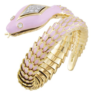 Lot 7 - Gold, Pink Enamel and Diamond Snake Bracelet