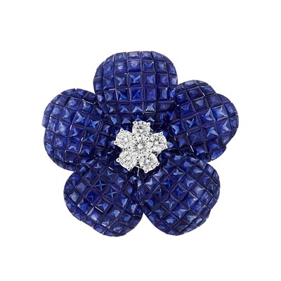Lot 15 - White Gold, Invisibly-Set Sapphire and Diamond Flower Ring