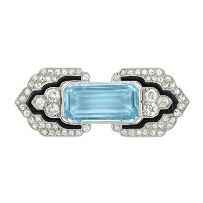 Lot 395 - Art Deco Platinum, Aquamarine, Diamond and Black Enamel Brooch, Cartier, Paris
