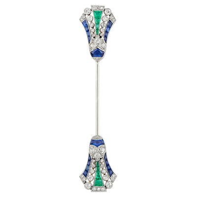 Lot 413 - Platinum, White Gold, Diamond, Emerald and Sapphire Jabot, France