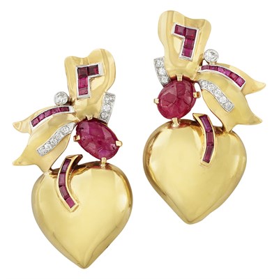 Lot 131 - Pair of Gold, Platinum, Cabochon Ruby, Ruby and Diamond Clip-Brooches, Seaman Schepps
