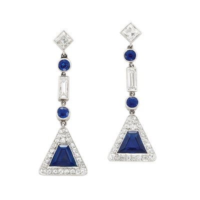 Lot 391 - Pair of Art Deco Platinum, Diamond and Sapphire Pendant-Earclips, Cartier