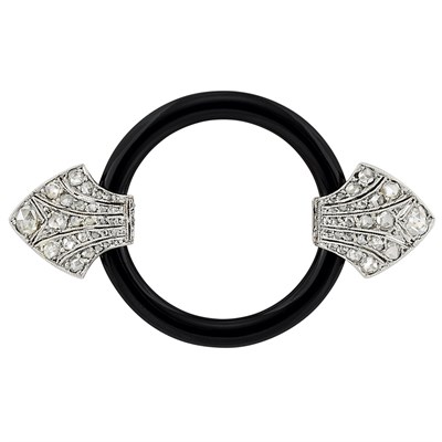 Lot 400 - Platinum, White Gold, Black Enamel and Diamond Circle Pin, France