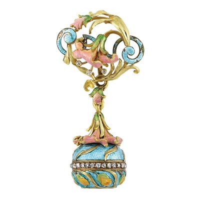 Lot 240 - Art Nouveau Gold, Enamel and Diamond Ball Lapel-Watch