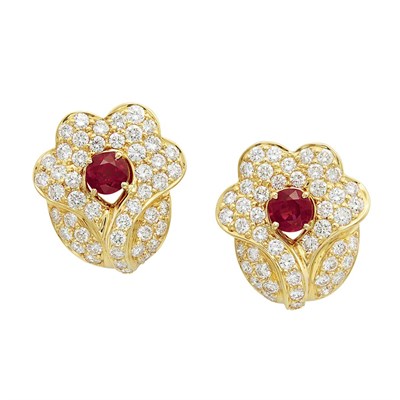 Lot 120 - Gold, Ruby and Diamond Flower Brooch and Pair of Earclips