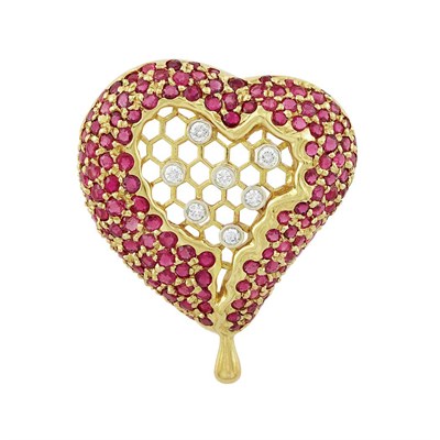 Lot 283 - Gold, Ruby and Diamond 'Honey Comb Heart' Brooch, by Henryk Kaston for Dali