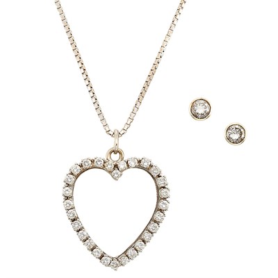Lot 1248 - White Gold and Diamond Heart Pendant with Chain Necklace and Pair of Stud Earrings