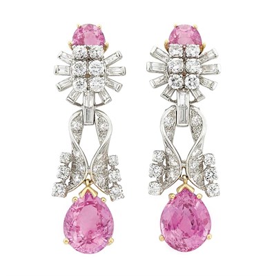 Lot 91 - Pair of Platinum, Gold, Diamond and Pink Sapphire Pendant-Earrings