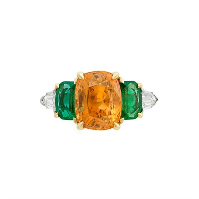 Lot 314 - Platinum, Gold, Orange Sapphire, Emerald and Diamond Ring