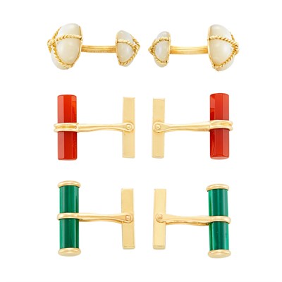 Lot 117 - Three Pairs of Gold, Carnelian, Malachite and Mother-of-Pearl Cufflinks, Tiffany & Co. and Verdura