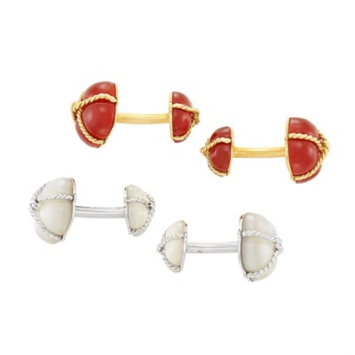 Lot 105 - Two Pairs of Yellow and White Gold, Carnelian and Mother-of-Pearl Cufflinks, Verdura