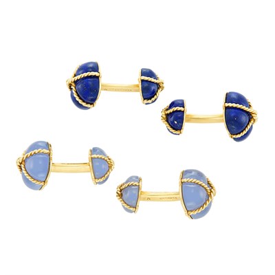 Lot 107 - Two Pairs of Gold, Lapis and Blue Chalcedony Cufflinks, Verdura