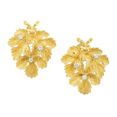 Lot 3036 - Pair of Gold and Diamond Leaf Earclips