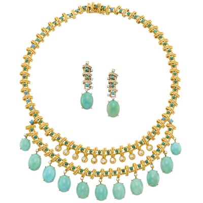 Lot 3409 - Gold, Cabochon Turquoise and Diamond Necklace and Pair of Pendant-Earclips