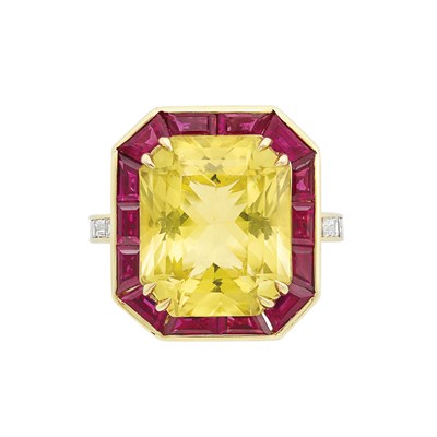 Lot 114 - Gold, Golden Beryl, Ruby and Diamond Ring, Bulgari
