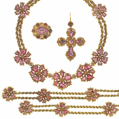 Lot 167 - Antique Double Strand Gold and Pink Foiled-Back Colorless Quartz Necklace, Pair of Bracelets/Necklace Combination, Pendant and Brooch