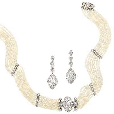 Lot 383 - Belle Epoque Multistrand Seed Pearl, Platinum and Diamond Choker Necklace and Pair of Platinum and Diamond Pendant-Earrings