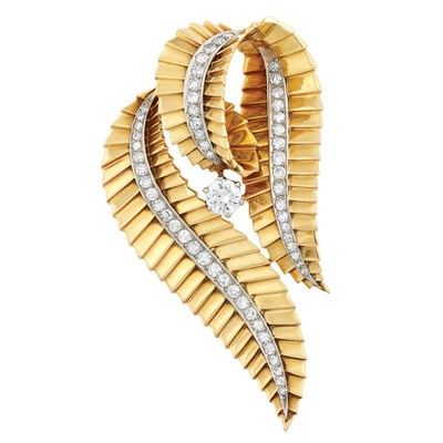 Lot 129 - Two-Color Gold and Diamond Ribbon Clip-Brooch