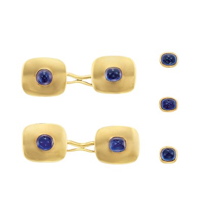 Lot 67 - Gold and Sugarloaf Cabochon Sapphire Dress Set, Tiffany & Co.