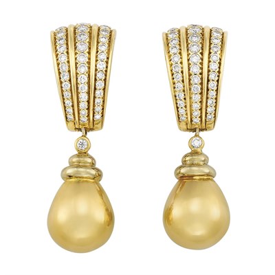 Lot 331 - Pair of Gold and Diamond Pendant-Earclips, Poiray, France