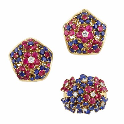 Lot 126 - Pair of Gold, Sapphire, Ruby and Diamond Earclips and Ring
