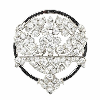 Lot 398 - Platinum, Diamond and Black Onyx Brooch