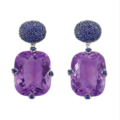 Lot 16 - Pair of Sapphire and Amethyst Pendant-Earrings