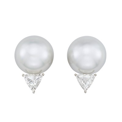 Lot 14 - Pair of Platinum, South Sea Cultured Pearl and Diamond Earclips
