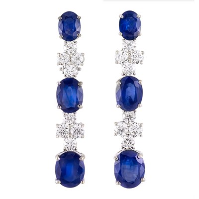 Lot 103 - Pair of White Gold, Sapphire and Diamond Pendant-Earrings