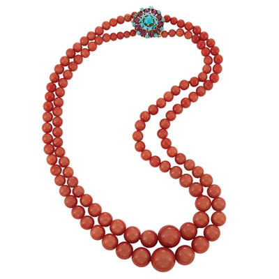 Lot 292 - Double Strand Oxblood Coral Bead Necklace with Gold, Carved Ruby and Turquoise Clasp, France
