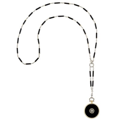 Lot 410 - Art Deco Gold, Platinum, Black Enamel, Seed Pearl and Diamond Pendant-Watch Necklace, Cartier