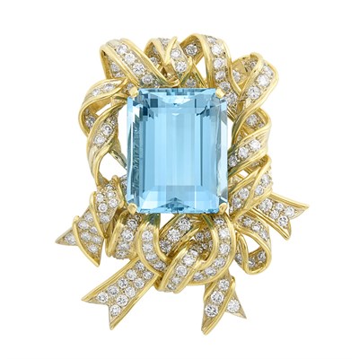 Lot 345 - Two-Color Gold, Aquamarine and Diamond Pendant-Brooch