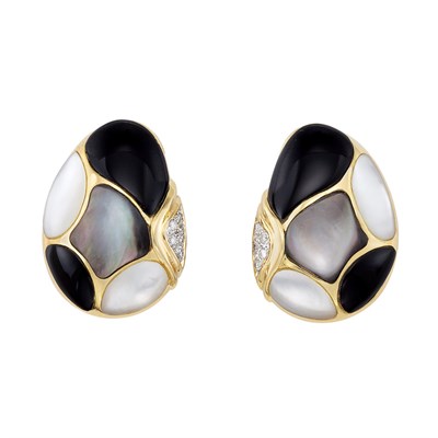 Lot 321 - Pair of Gold, Black Onyx, Gray and White Mother-of-Pearl and Diamond Earclips, KY-LO