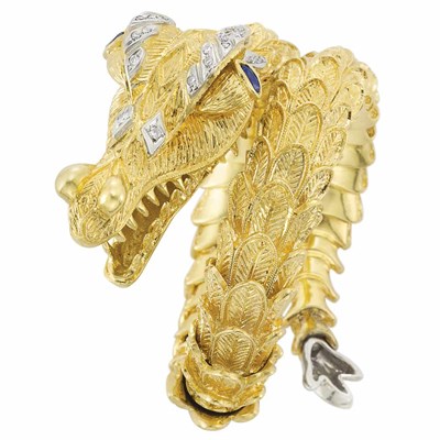Lot 294 - Gold, Diamond and Sapphire Dragon Coiled Bangle Bracelet