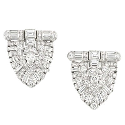 Lot 435 - Pair of Art Deco Platinum and Diamond Clips with White Gold Bangle and Double Clip-Brooch Attachments