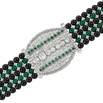 Lot 417 - Five Strand Platinum, Diamond, Simulated Emerald and Black and Green Onyx Bead Bracelet